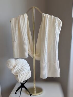 a new day Cream Knit Pom Beanie and Matching Scarf Set With Pearl Accents
